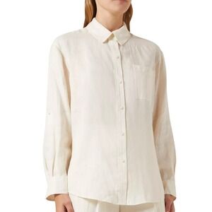 SIMKHAI Women M Linen Button Up Shirt Long Sleeve Relaxed Fit Top Ivory‎ White